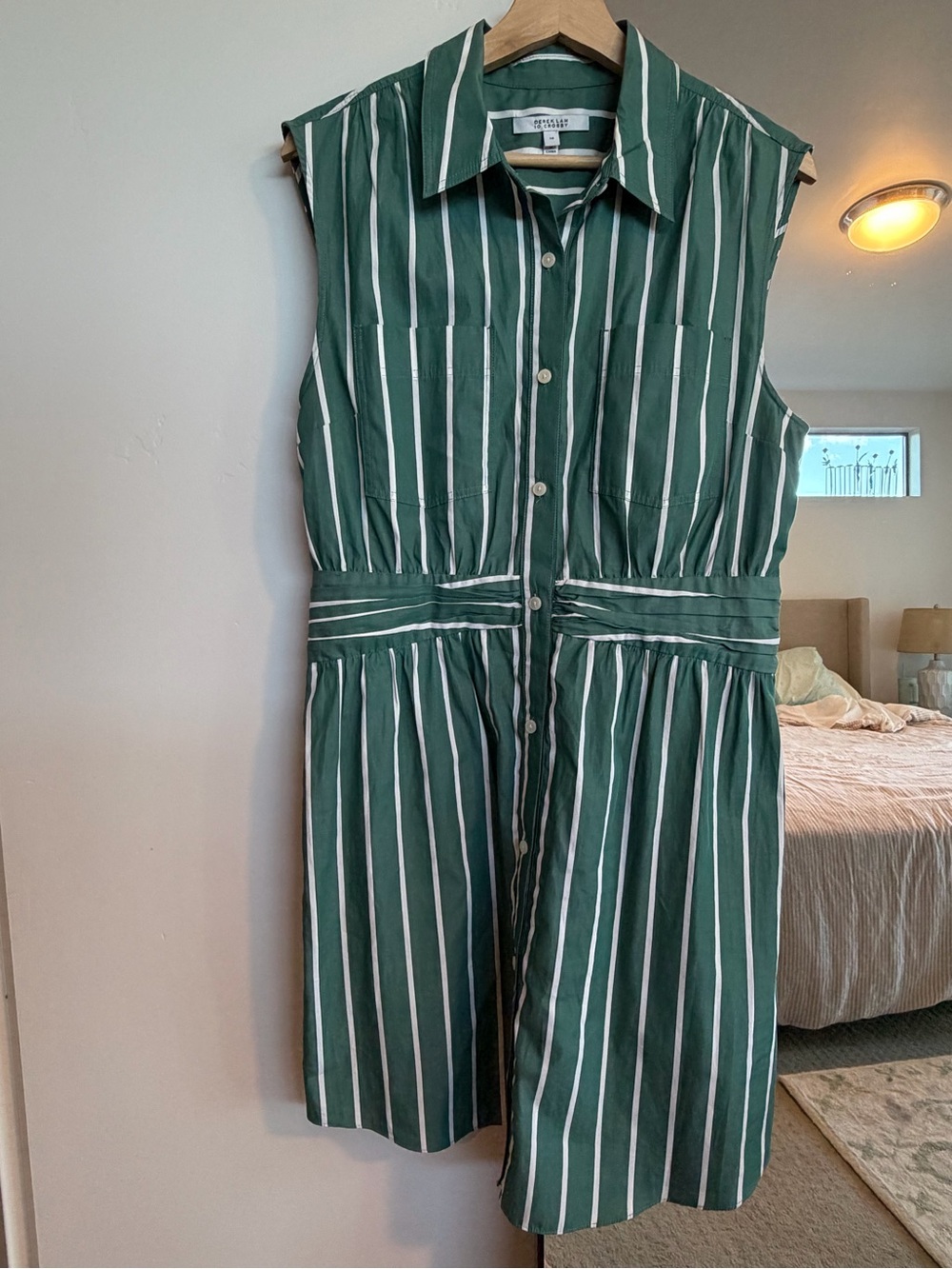 Derek Lam Green and White Vertical-Stripe Midi Shirt Dress